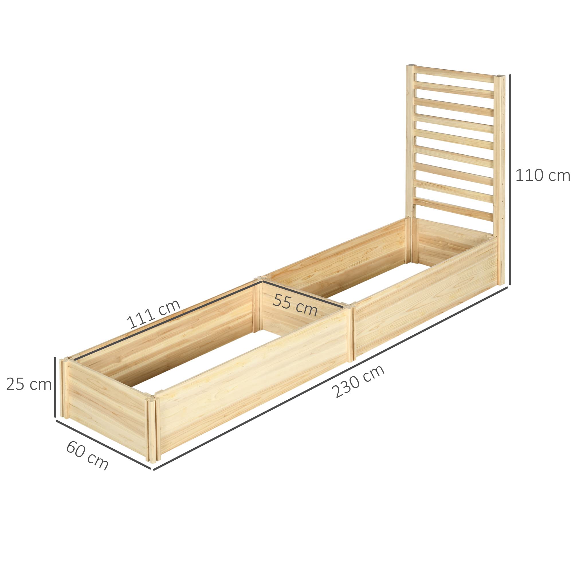 Outsunny Letto per Orto Rialzato da Esterno in Legno di Abete con 2 Fondo Aperto e Spalliera, Fioriera da Esterno con Grigliato per Piante Rampicanti, per Fiori, Piante, 230x60x110 cm, Color Legno