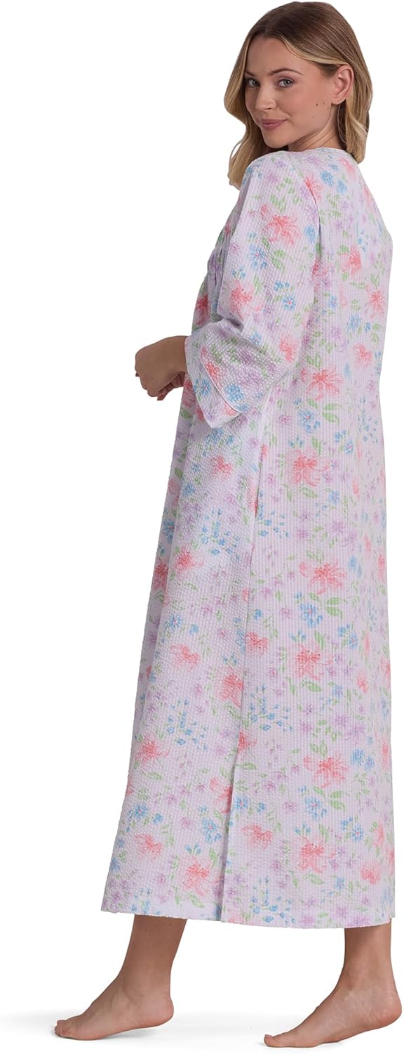 Miss Elaine Seersucker Long Robe, Floral with Zip-Up Front, Zipper and Pockets, Sleepwear and Loungewear