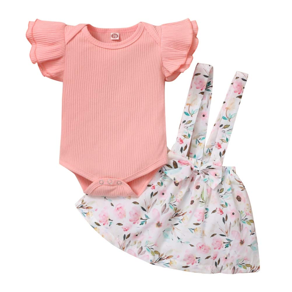 Baby Girl Skirt Set, Toddler Girl Short Sleeve Knitted Cotton Rompers + Flowers Bowknot Suspender Skirt Clothing Outfits Set for 0-18Months