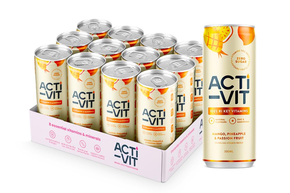 Acti-Vit Sparkling Flavoured Vitamin Water Mango, Pineapple & Passionfruit Cans with B Vitamins B5, B6, B9, B12, Vitamin C, Vitamin D, Zinc & Magnesium Zero Sugar 12x 330ml