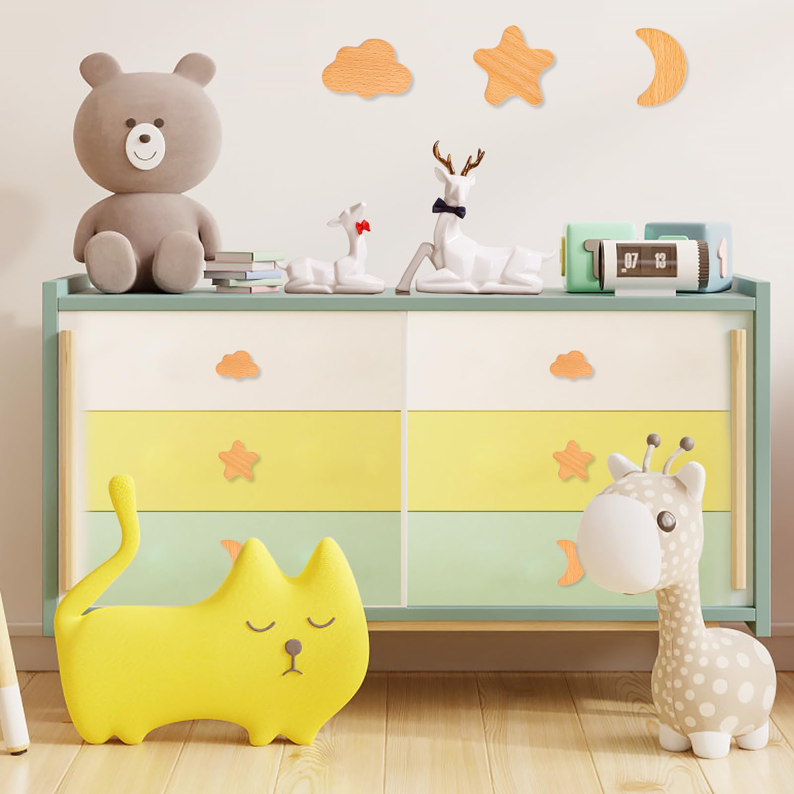 AKONE 6 pomelli in legno per armadietti bambini stelle luna nuvole decorazione naturale