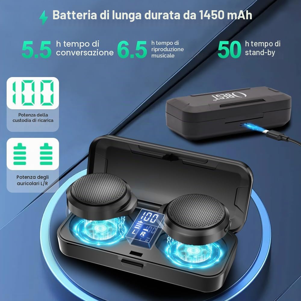 OBEST Cuffie Bluetooth moto con custodia di ricarica, altoparlante Bluetooth casco, con microfoni, batteria 1900 mAh con 50 ore di funzionamento, cuffie wireless per sci e motociclismo