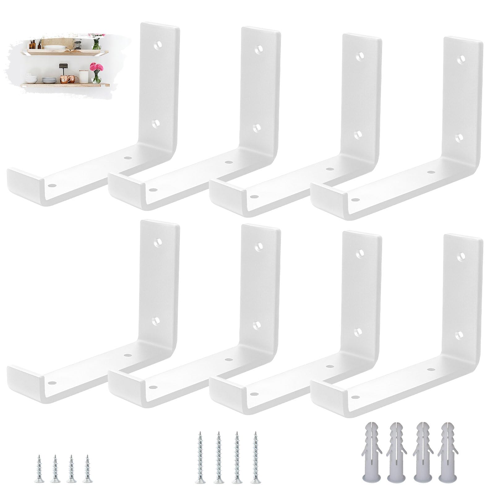 VTOPVMAX 8 Pack Heavy Duty Shelf Brackets with Lips for Scaffold Boards, 5mm Thick Steel L-Shaped Modern White Wall Supports, 6"x4" (15x10cm) Shelving Brackets Kit
