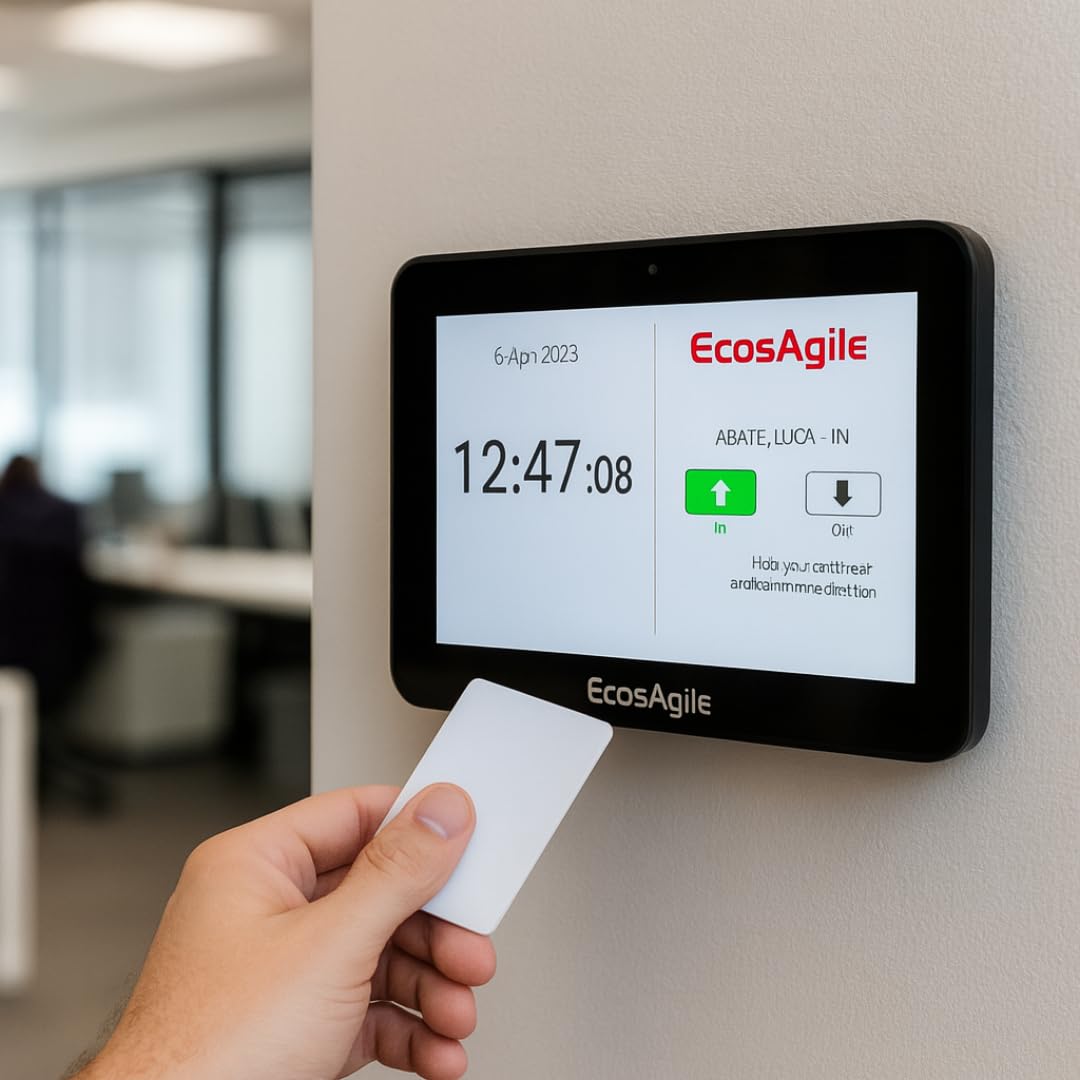 Timbra cartellini wifi e SIM 4G LTE dotato di 15 badge NFC assegnati ai lavoratori. Software Rilevazione Presenze con elaborazione Cartellino incluso