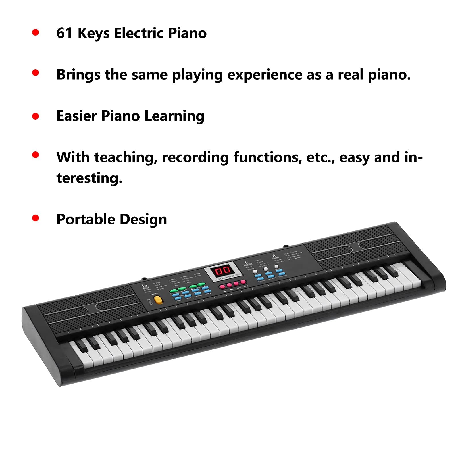 Elektryczna Klawiatura Pianino 61 Klawiszy Instrument Fortepianowy MQ6187 z Wieloma Trybami Zasilania dla Początkujących i Dzieci od 1 do 10 Lat