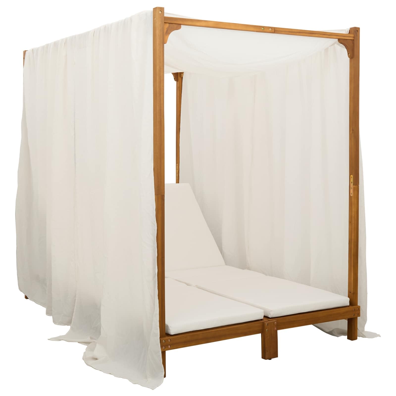 vidaXL Transat Double avec auvent et Rideaux Bois d'Acacia Massif, Chaise Longue réglable, mobilier de Jardin, résiste aux intempéries, pour la détente en extérieur