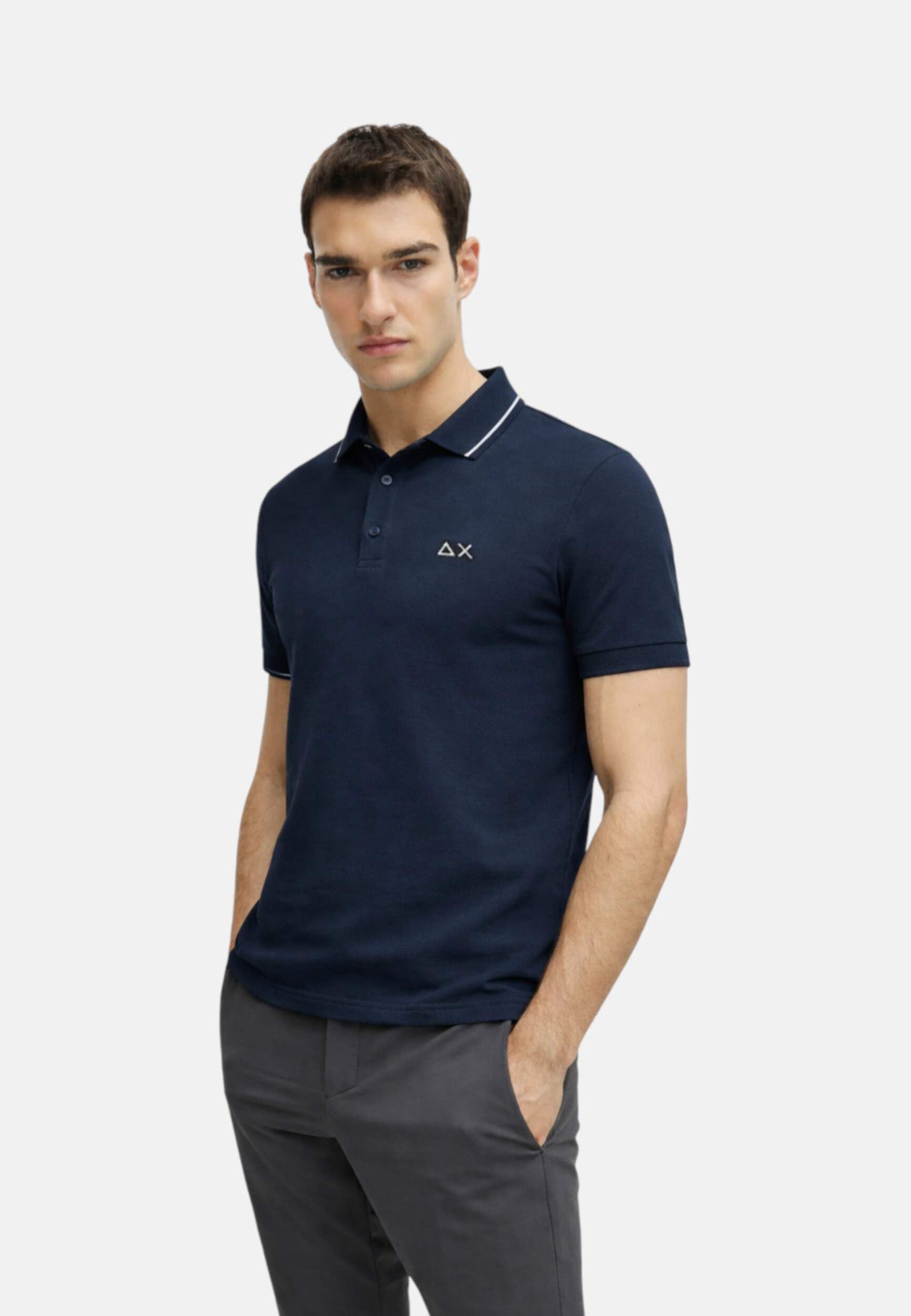 SUN68 Uomo Polo con Dettagli A Contrasto in Cotone Navy Blue