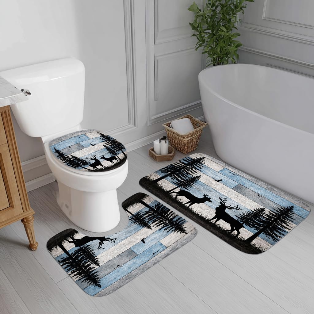 Rustic Cabin Deer Shower Curtain Set with Toilet Lid Cover and Non-Slip Bathroom Rugs, Wild Animal Deer and Bird Tree in Forest on Blue Gray Wood Shower Curtain Bathroom Decor,72L X 72W inches