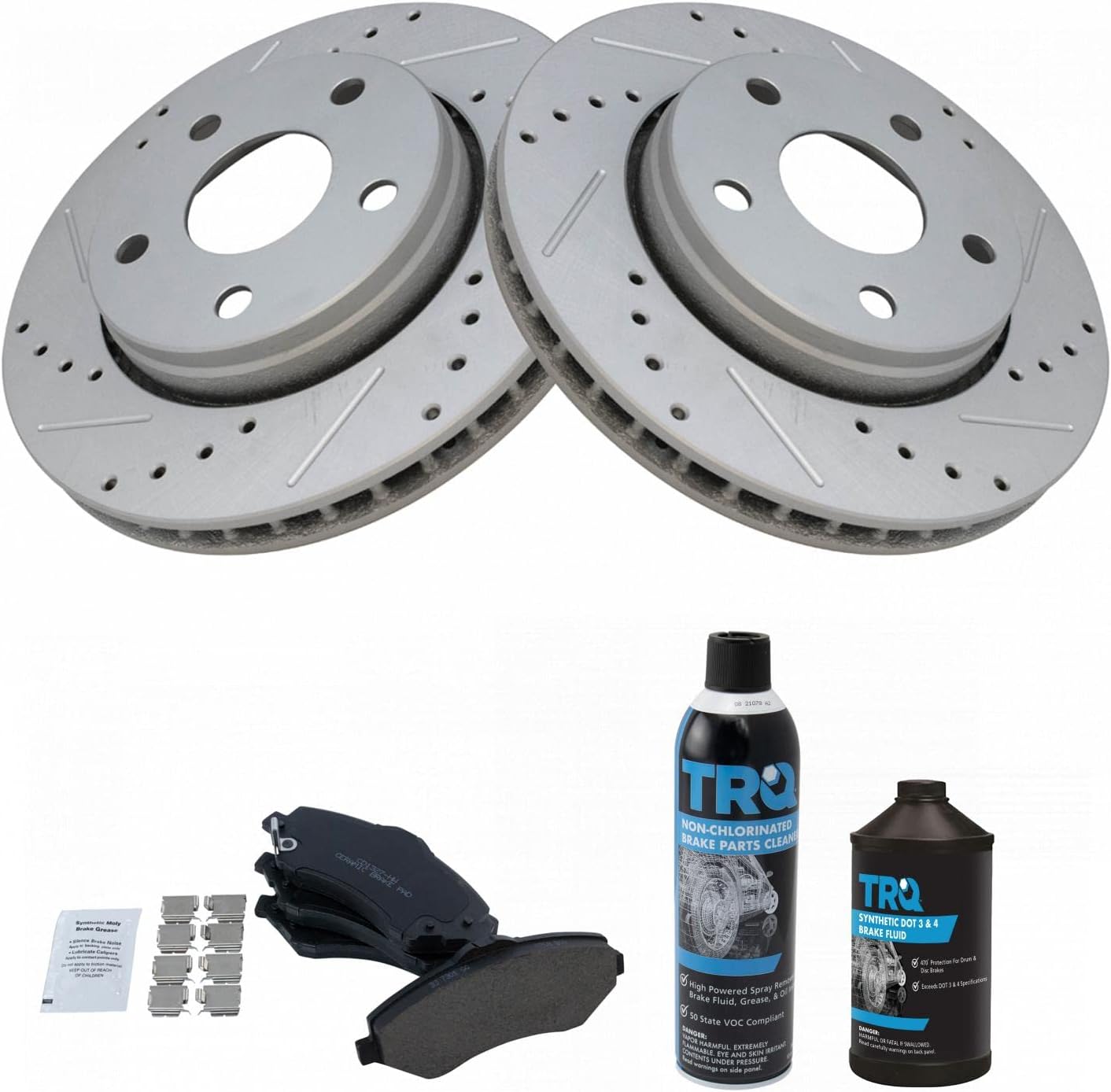 TRQ Front Performance Brake Pad & Rotor Kit Brake Chemical Kit Brake Pads Brake Rotors Set Ceramic Premium G-Coated Compatible with 2007-2017 Jeep Wrangler 2018 Wrangler JK