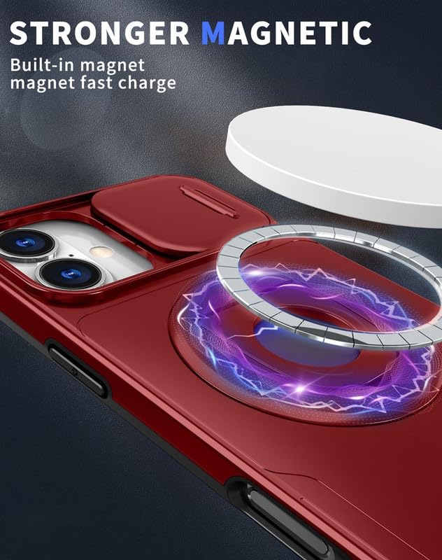Image of LuxuryKase MagSafe Shockproof Rugged Back Case for iPhone 17 | Finger Ring Kickstand & Sliding Camera Cover | Military Drop Protection | Wireless Charging Support - Red