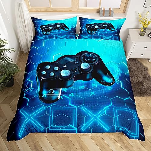 Gaming Funda Nórdica Niños Gamer Azul Videojuego Juego de Cama 135x200cm Juego de Consola de Nido de Abeja Decoración Dormitorio Set Geométrico Hexágono con 1 Funda de Almohada