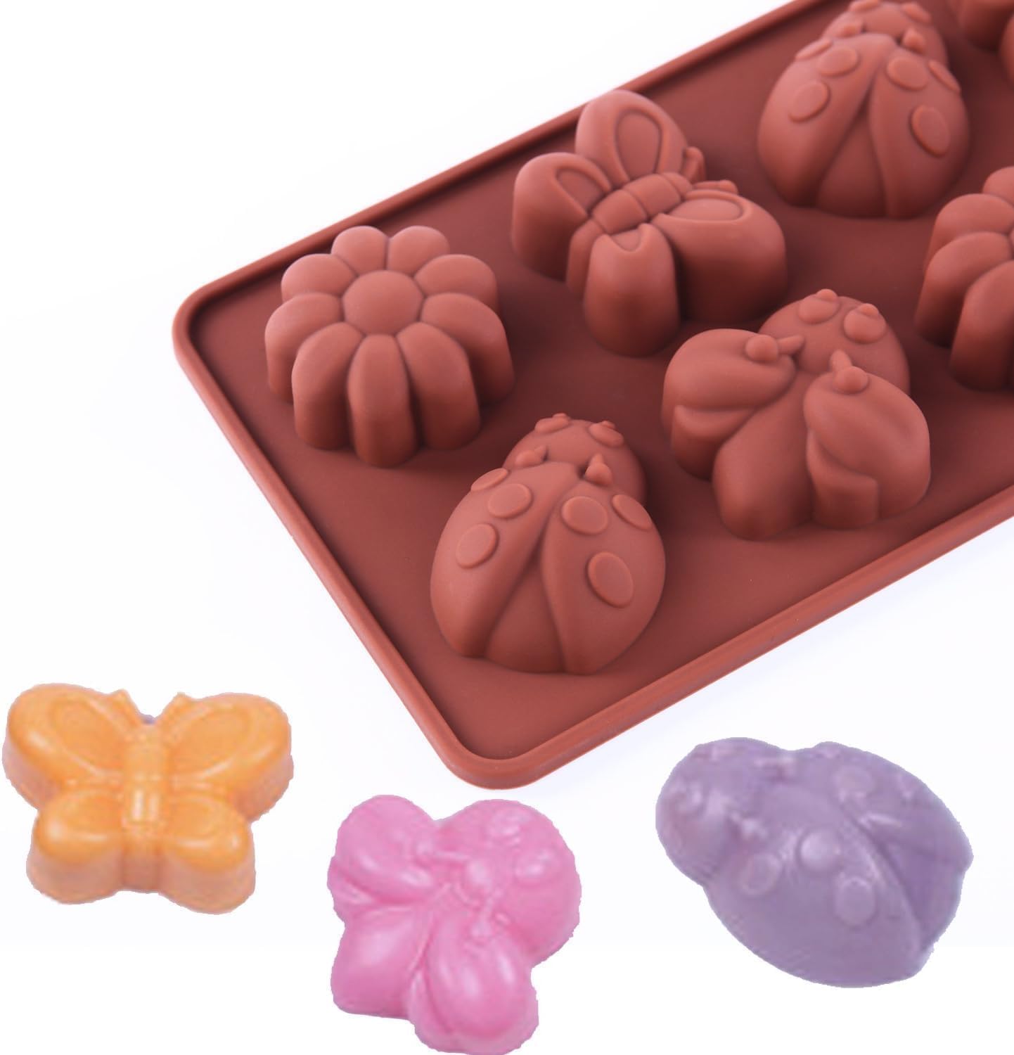 2-Pack 8-Cavity Insect Silicone Chocolate Molds – Bee, Ladybug, Butterfly & Flower Shapes for Baking, Candy, Soap, Candles, Resin Crafts – Food Grade Non-Stick Flexible Trays