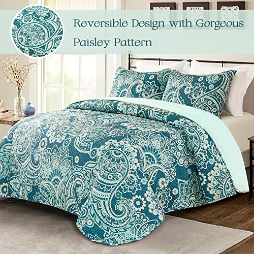 Whale Flotilla Reversible Paisley Quilts King Size, Lightweight Boho Printed Bedspreads Coverlets Quilt Bedding Set with 2 Pillow Shams for All Seasons, Turquoise