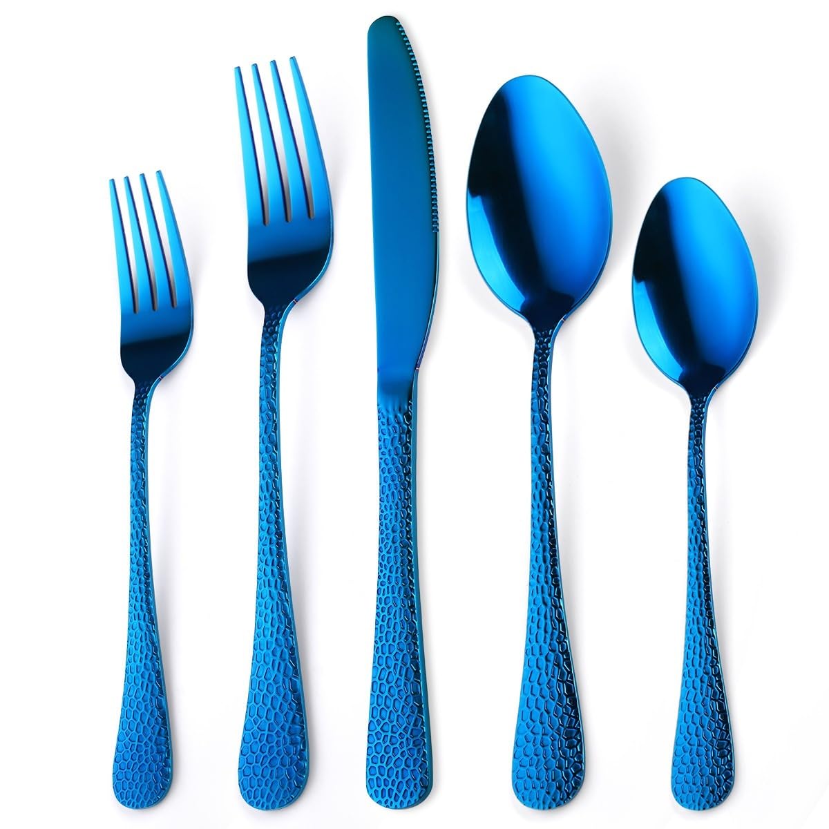 OLSKFUH Cutlery Flatware Cutlery Set, 5/20/30/40/50/60 Pieces Creative Steak Knives, Forks And Spoons With Hammered Handles, Golden Stainless Steel Knives And Forks,Blue-12Set-60Pcs