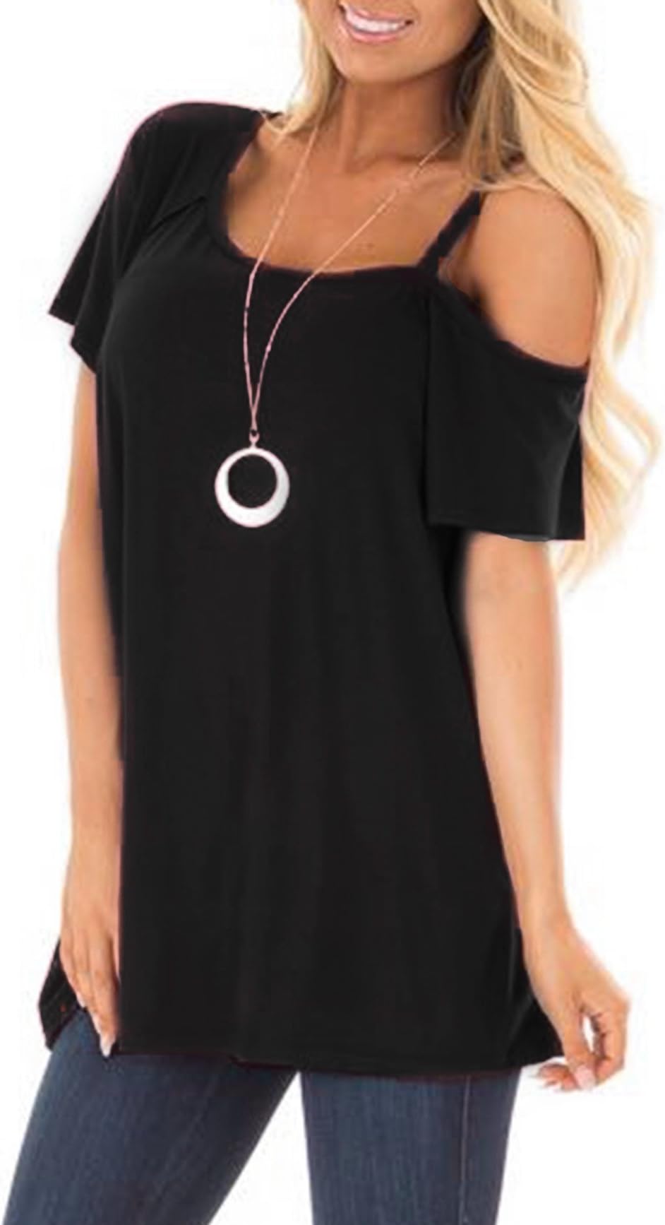 LONGYUAN Women's Short Sleeve Casual Cold Shoulder Tunic Tops Loose Blouse Shirts