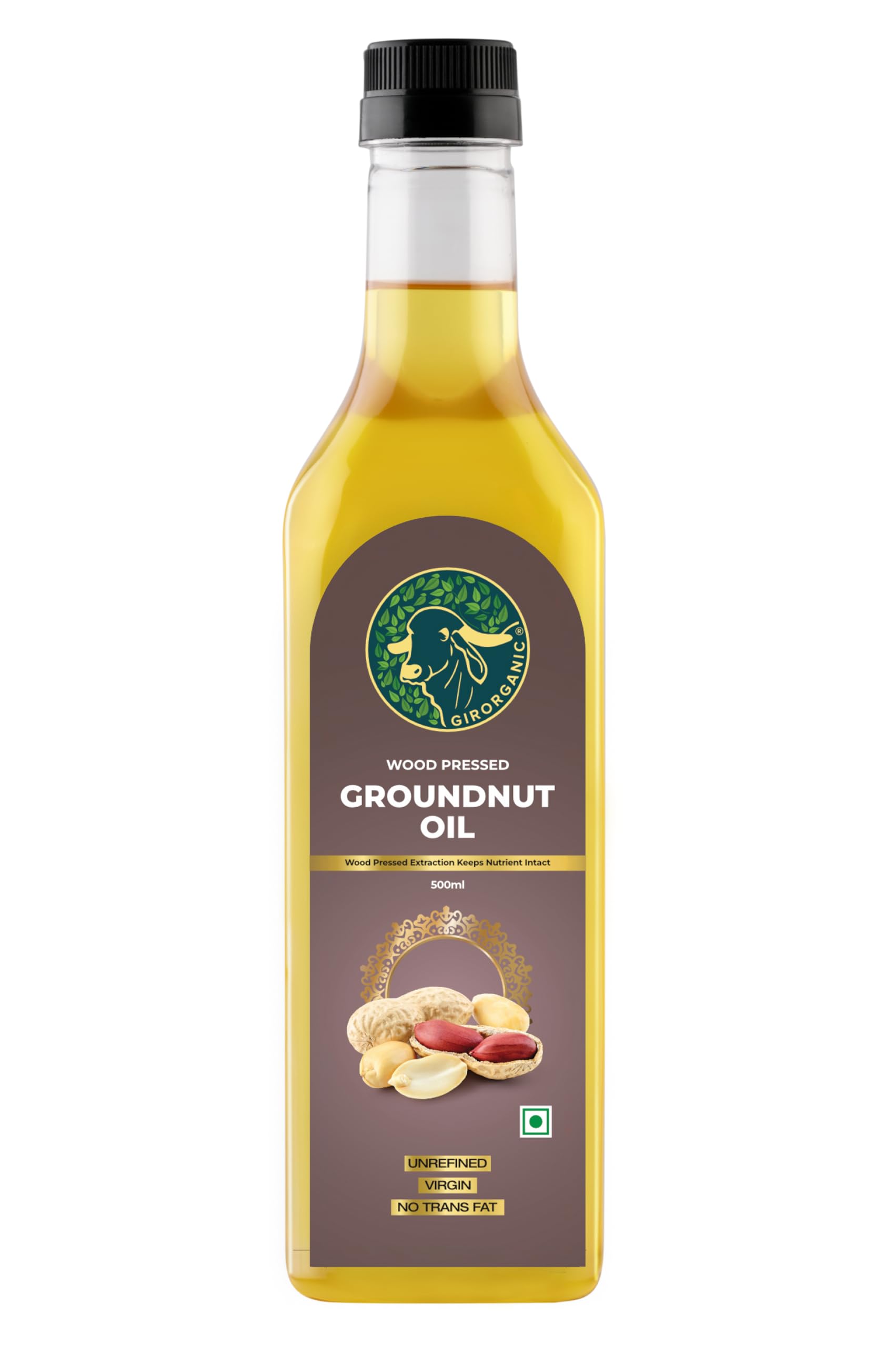 GirOrganic Wood Press Groundnut Oil - 500 ml (Plastic Bottle) | Kacchi Ghani | Virgin | Unrefined | Cold pressed |100% Natural cooking oil | Gopal Ratna Award Winner 2023