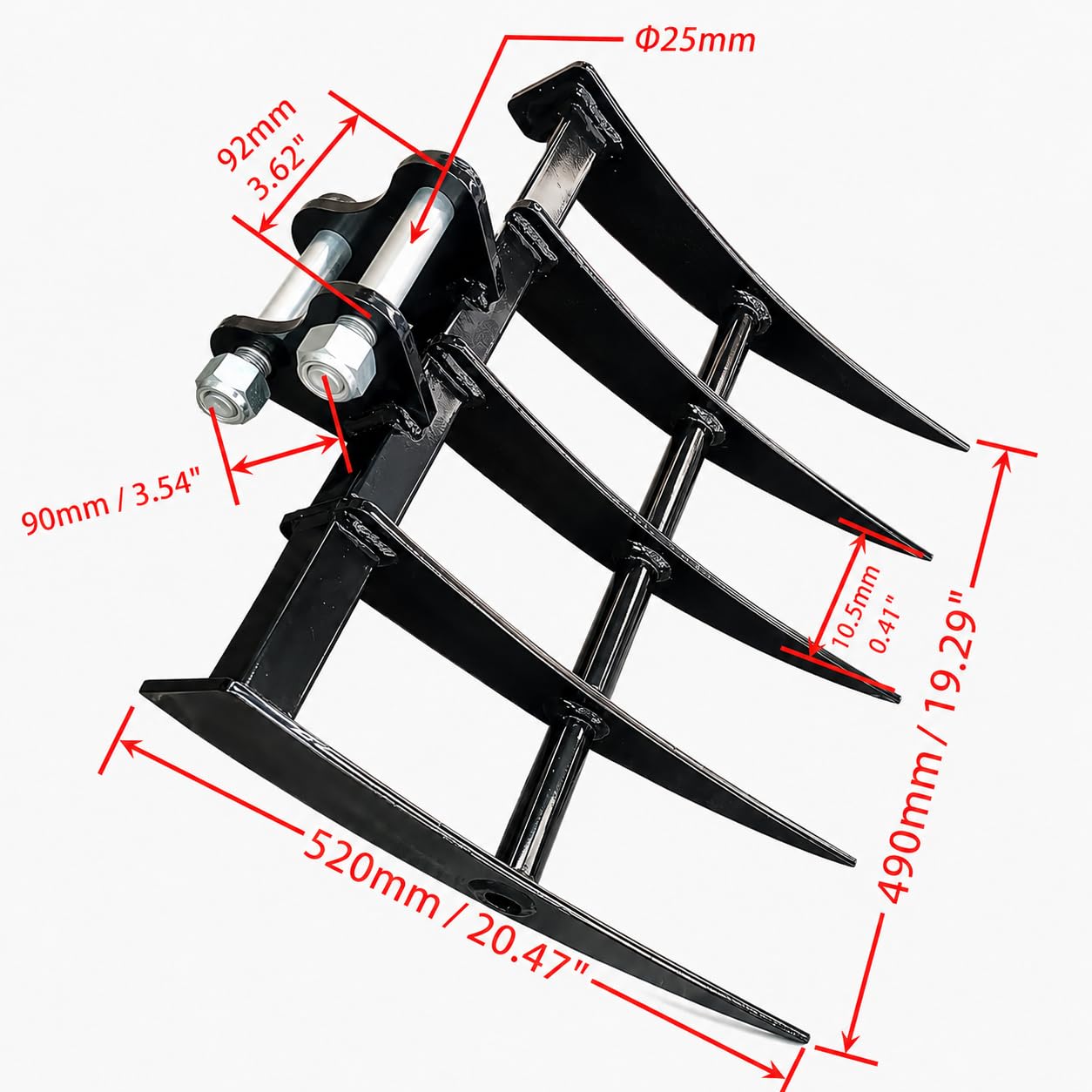Hydraulischer Kipp-Mini-Bagger-Rechenaufsatz, 0,8–2 Tonnen breiter Baggerrechen für Mikrobagger, 25 mm Stiftloch und 90 mm Spannweite