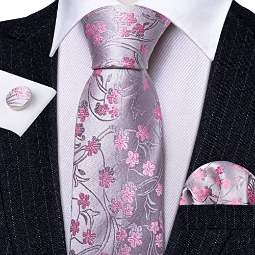 Image of Barry.Wang Flower Ties for Men Handkerchief Cufflinks Set Wedding Necktie Set Party