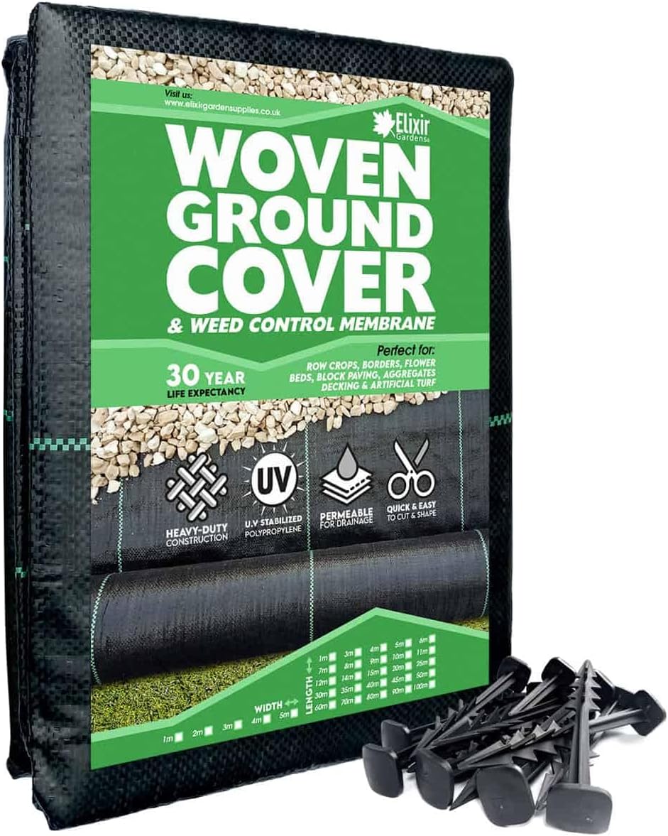 Elixir Gardens Heavy-Duty Woven Weed Control Membrane & Landscaping Fabric for Groundwork, Decking, Patios & Driveways | Widths 1m, 2m, 3m, 4m & 5m | Lengths 10m-100m | 1m x 50m + 100 pegs
