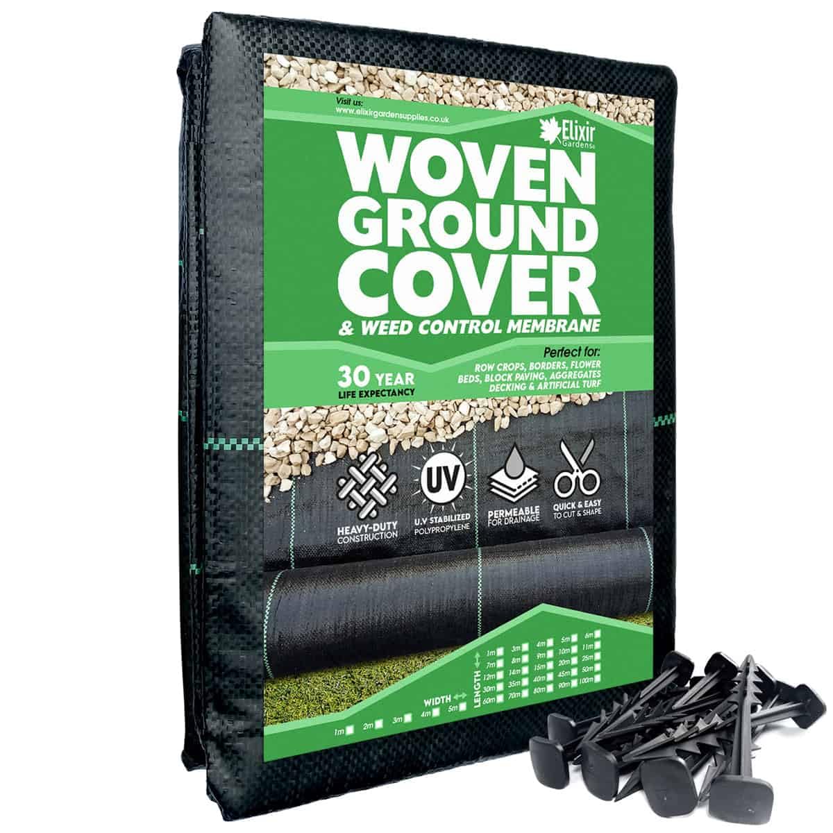 Elixir Gardens ® Landscape Fabric Weed/Mulch Control Woven Porous Ground Cover Membrane 1,2,3,4,5 Metre Widths + 10 Pegs