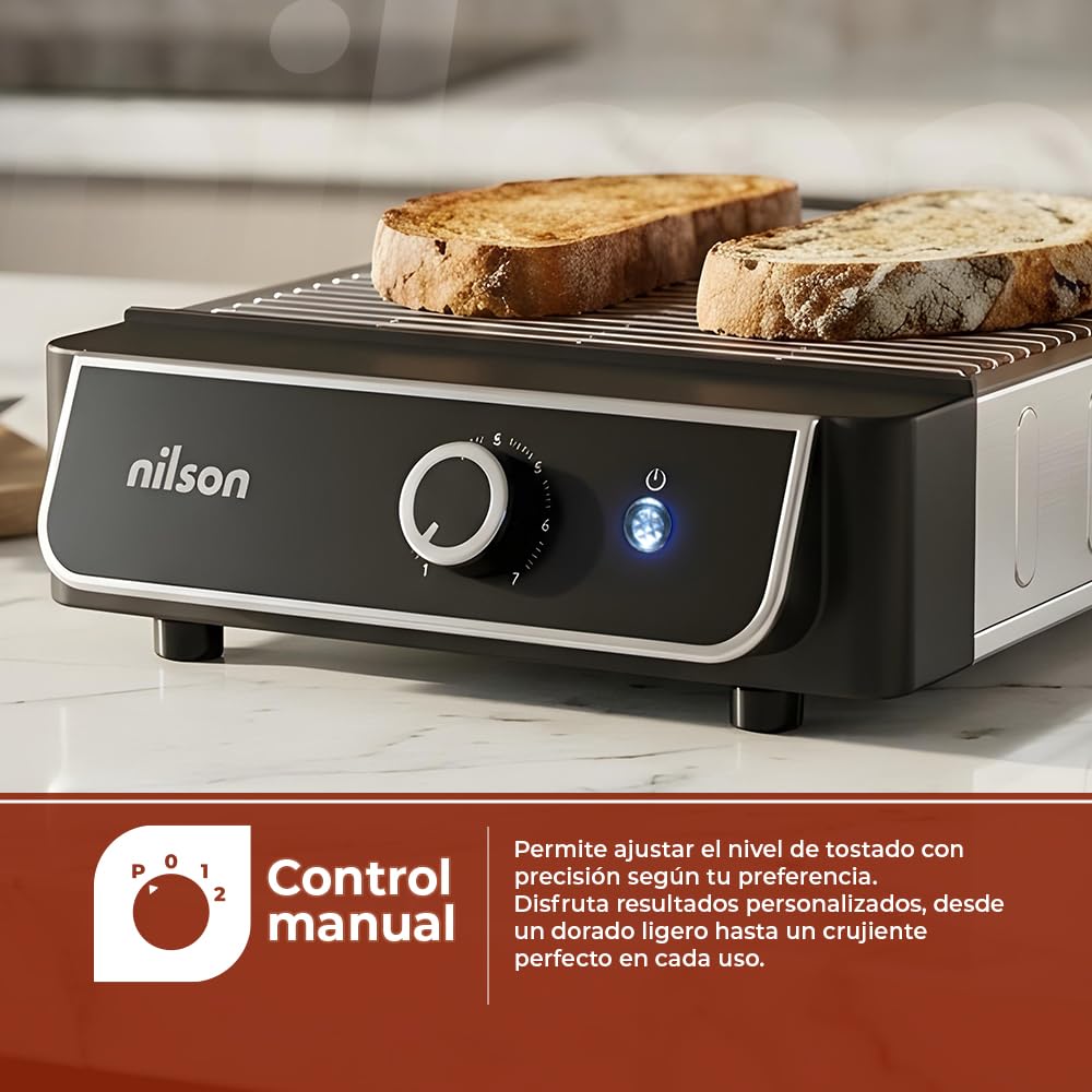 Tostador Plano de Pan, Horizontal, 1000 W, 6 Niveles de Tostado, Control Manual, Temporizador Digital, Tuesta y Cancela, Bandeja Recogemigas, Fácil Limpieza, NTS1000FL4, Cable 75 cm, Inox