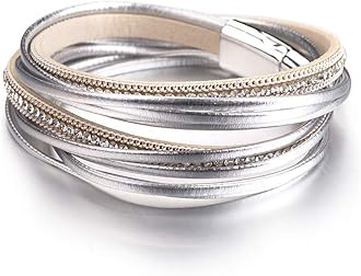 Fesciory Women Multi-Layer Leather Wrap Bracelet Handmade Wristband Braided Rope Cuff Bangle with Magnetic Buckle Jewelry