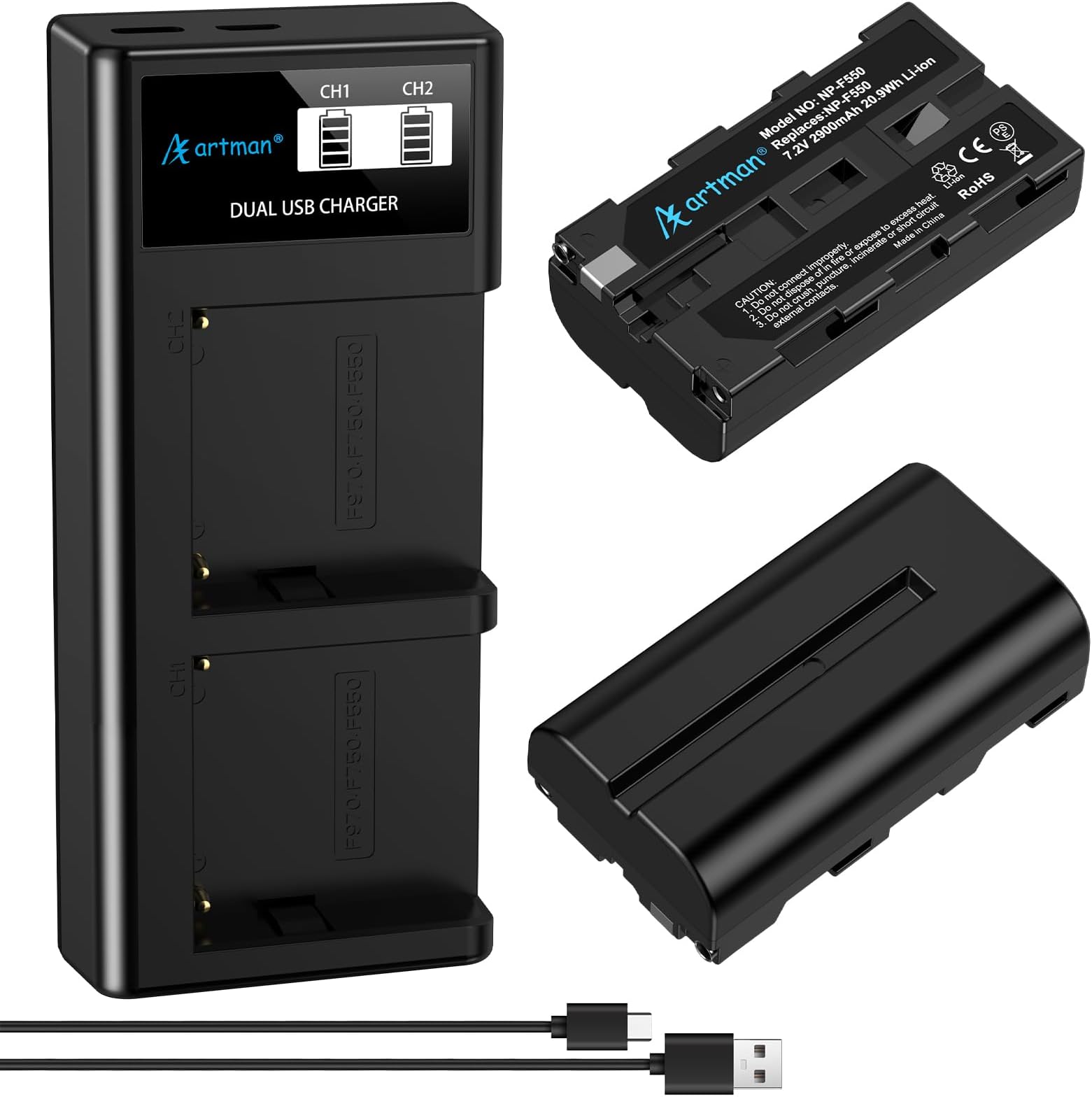 Artman NP-F550 Battery Upgraded LCD Dual Charger Compatible with Sony NPF530 F570 F330 F970 F960 F750 F770 CCD-SC55 TR516 TR716 TR818 TR910 (2-Pack 2900mAh)