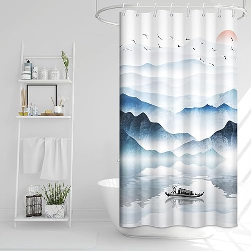 Miniatura 81 de Cortina de ducha verde salvia con eucalipto, cortina de ducha de tela impermeable con hojas de planta de primavera, cortina de ducha acuarela verde