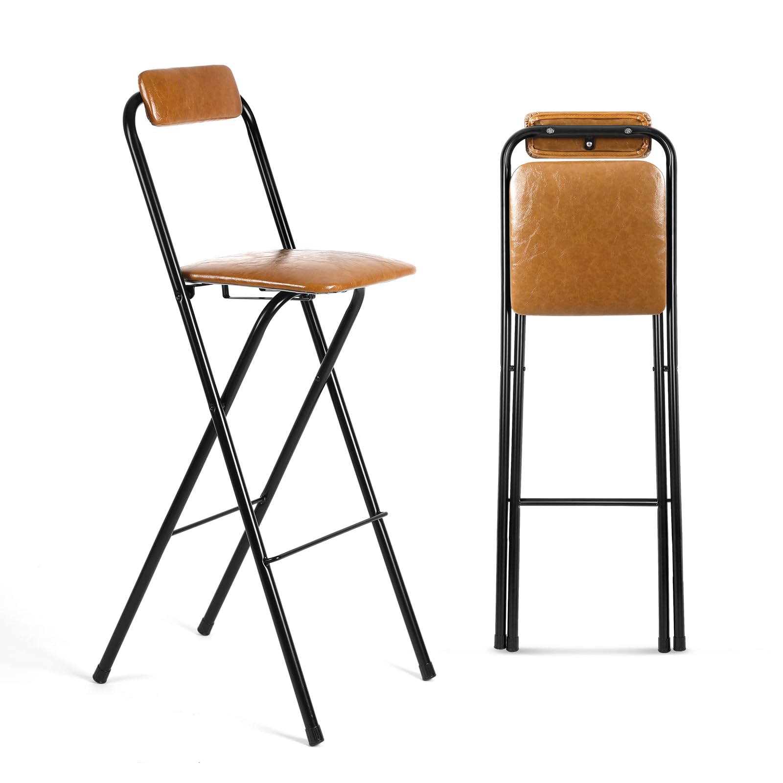 1 Pcs 27.5'' Folding Bar Stool with Back Tall Brown Leather Folding Stool Cushioned Padded Folding Counter Height Stool Collapsible Portable Barstools for Adults Kitchen Cafe Guitar