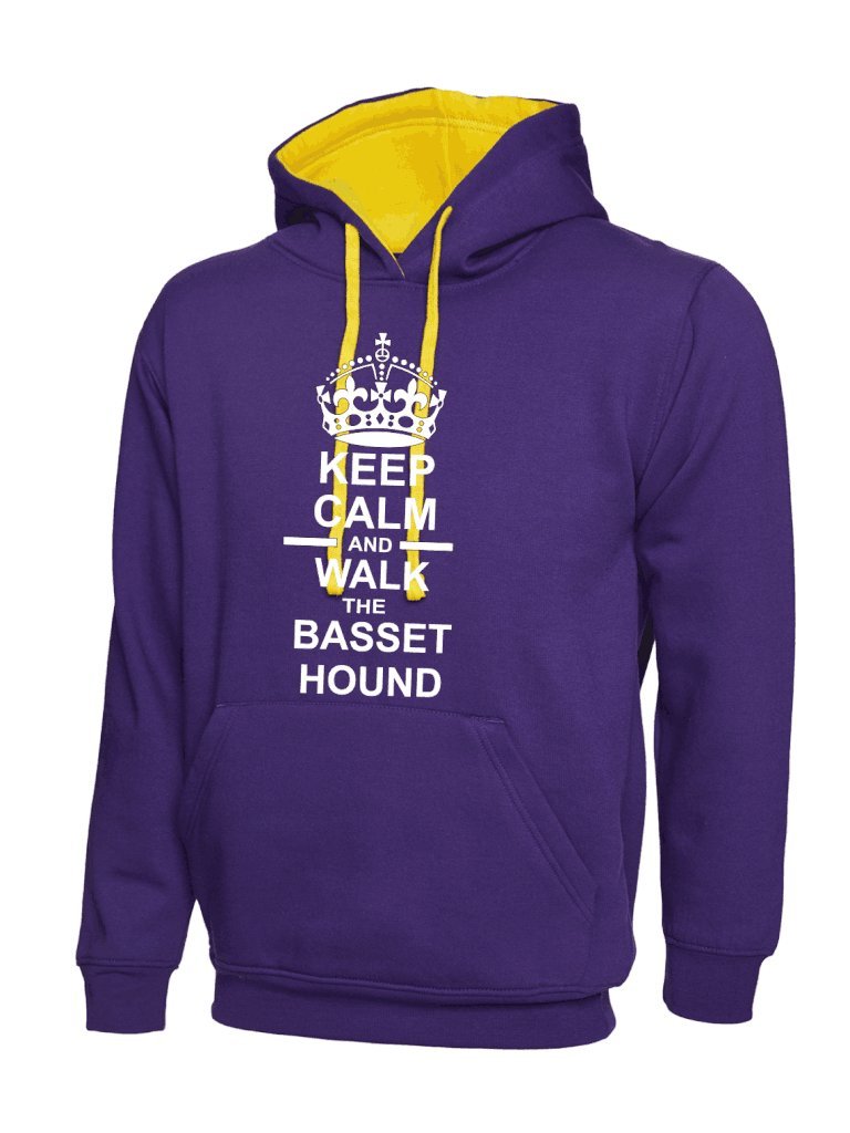 Keep Calm and Walk The Basset Hound Dog Purple & Yellow Contrast Hoody