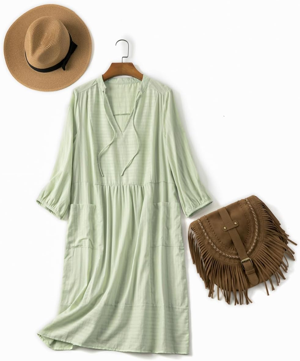 Lafural Womens V Neck Cotton Casual Loose Shift Tunic Smock Summer Dresses Vacation Dress 3/4 Sleeve Pocket - Image 4