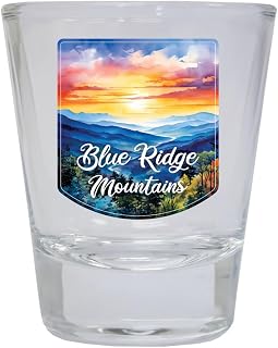 Blue Ridge Mountains Sunset Painting Design Souvenir 2 oz Shot Glass Round Clear Single