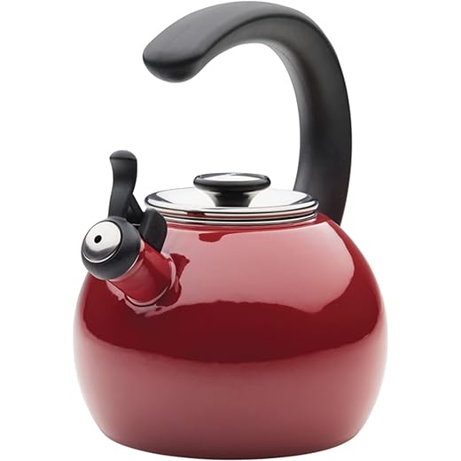 Circulon Enamel On Steel Whistling Tea Kettle | Hot Water Kettle with Heat-Resistant Phenolic Grip, 1.9 Liters | Gas stovetop and Induction Compatible, Red