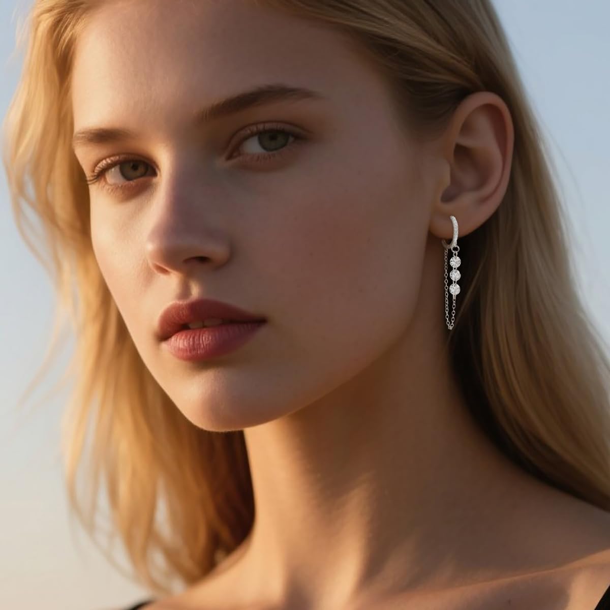 Reffeer Solid 925 Sterling Silver Chain Hoop Earrings Dangle for Women Teen Girls CZ Chain Drop Earrings - Image 2