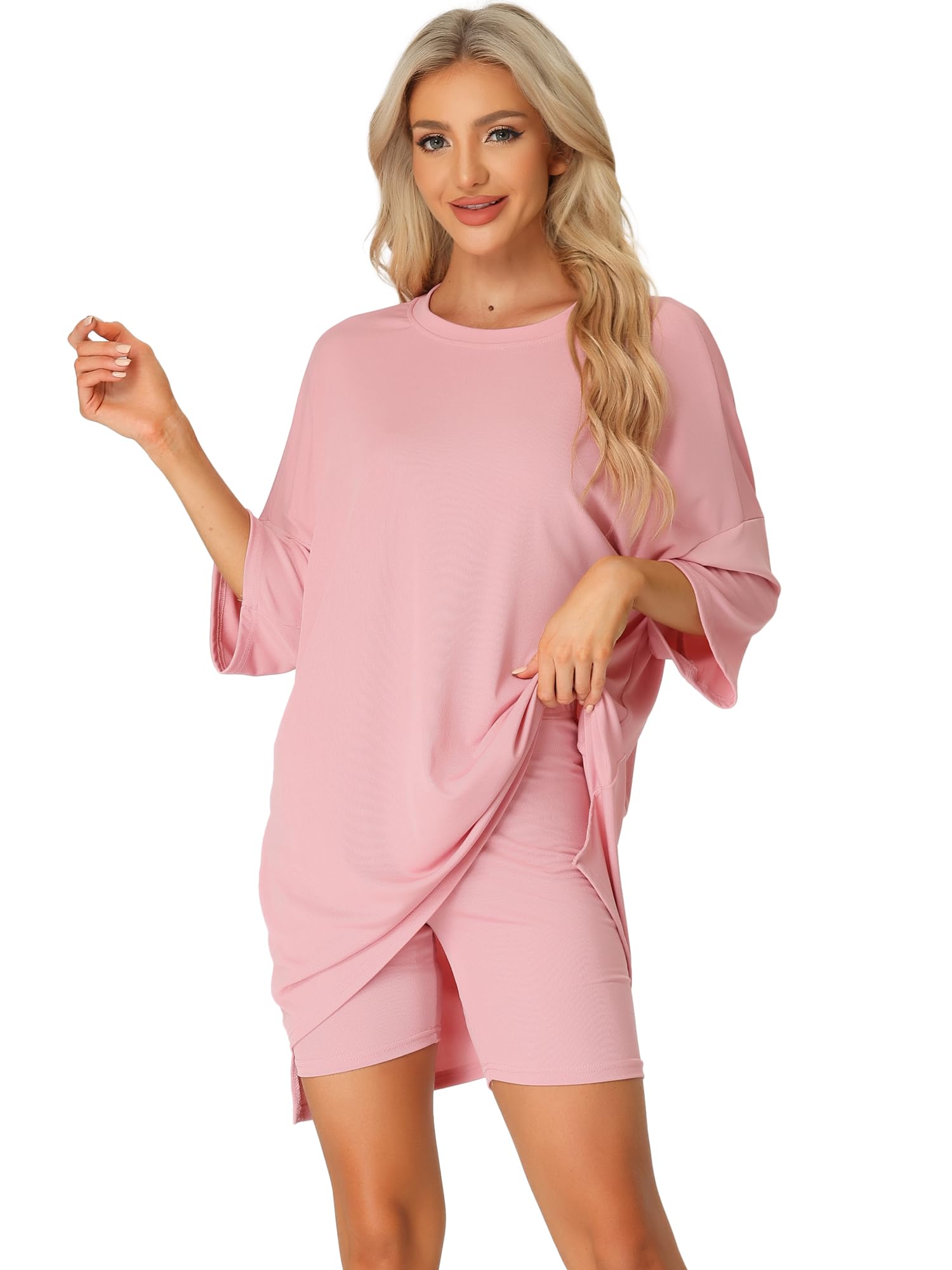 cheibear Womens Oversized Lounge Set Plus Size Workout Sweatsuits 2025 T-Shirt with Biker Shorts Outfits Sets