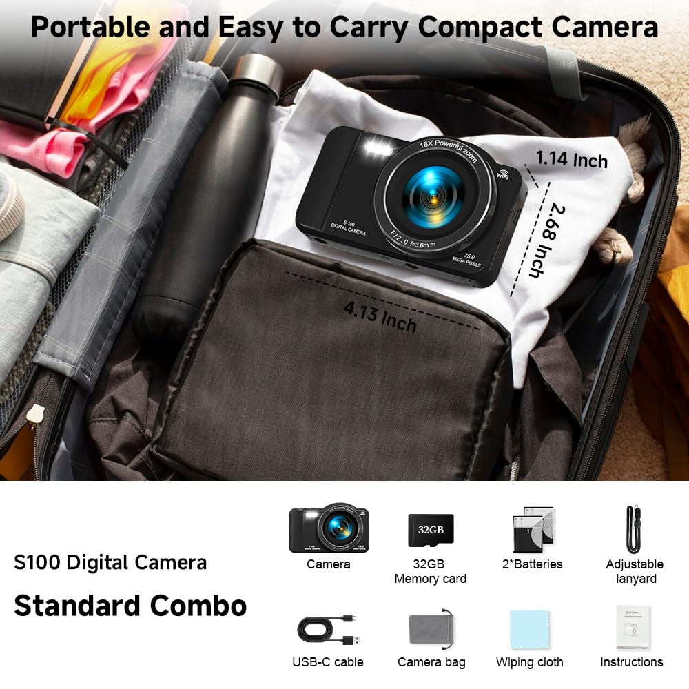 Fotocamera digitale 4K, 75 MP, autofocus, fotocamera con touchscreen, WiFi, zoom 16X e scheda SD da 32 GB, videocamera portatile per fotografia, principianti, adolescenti e adulti
