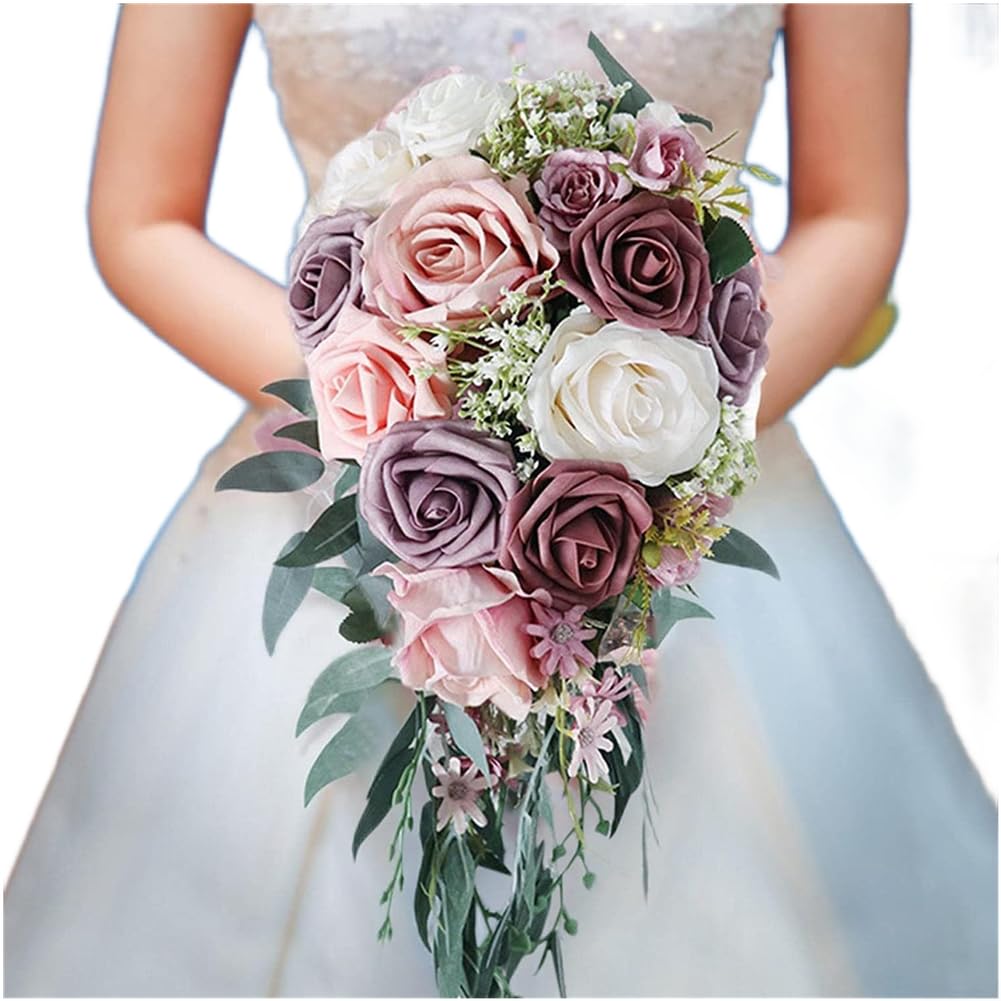 Bouquet cascade de fleurs artificielles en soie rouge mariage bohème