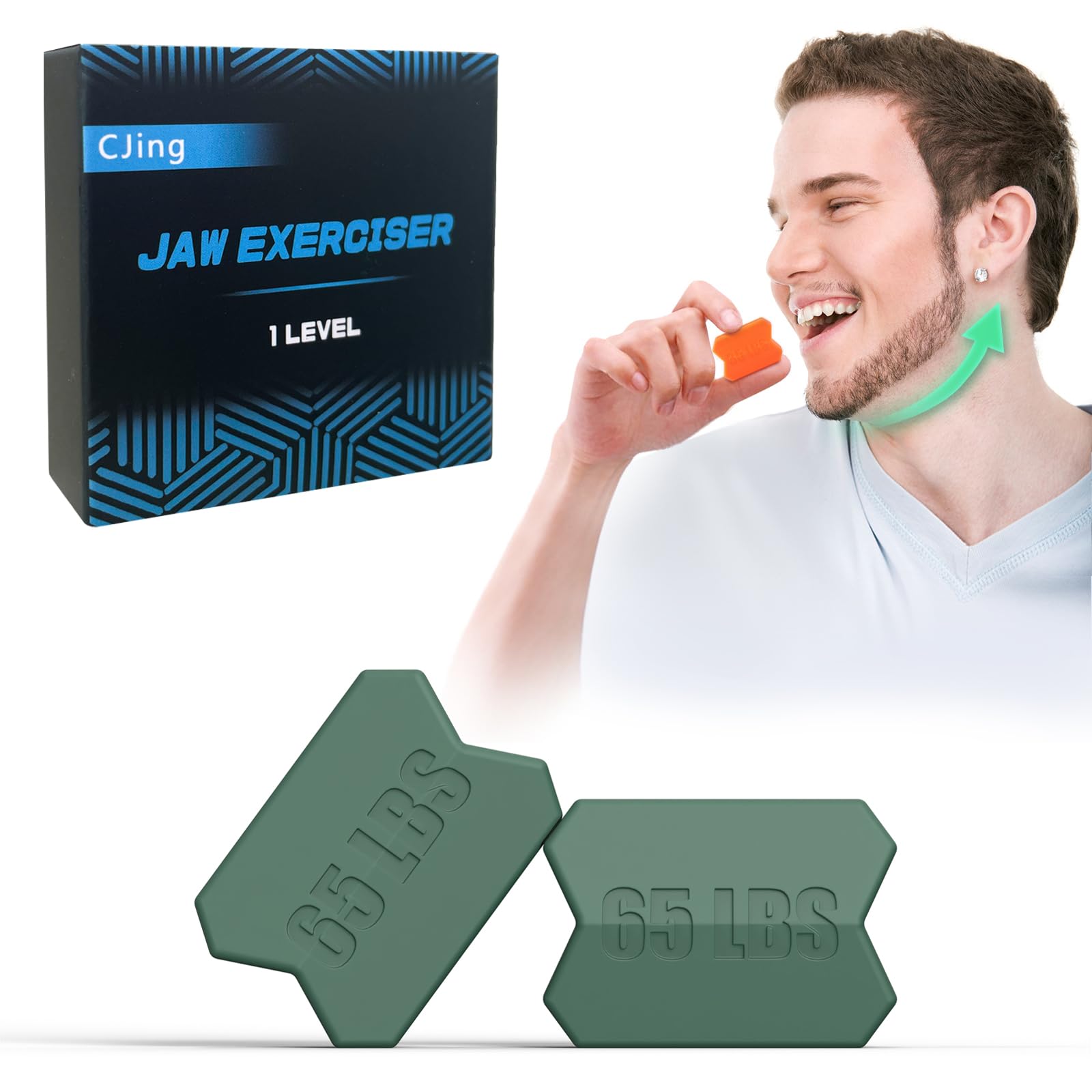 CJing Jaw Exerciser for Men & Women – 1 Resistance Levels (2 pcs) Silicone Jawline Exerciser Tablets – Powerful Jaw Trainer for Beginner, Intermediate & Advanced Users (Green,65LBS)
