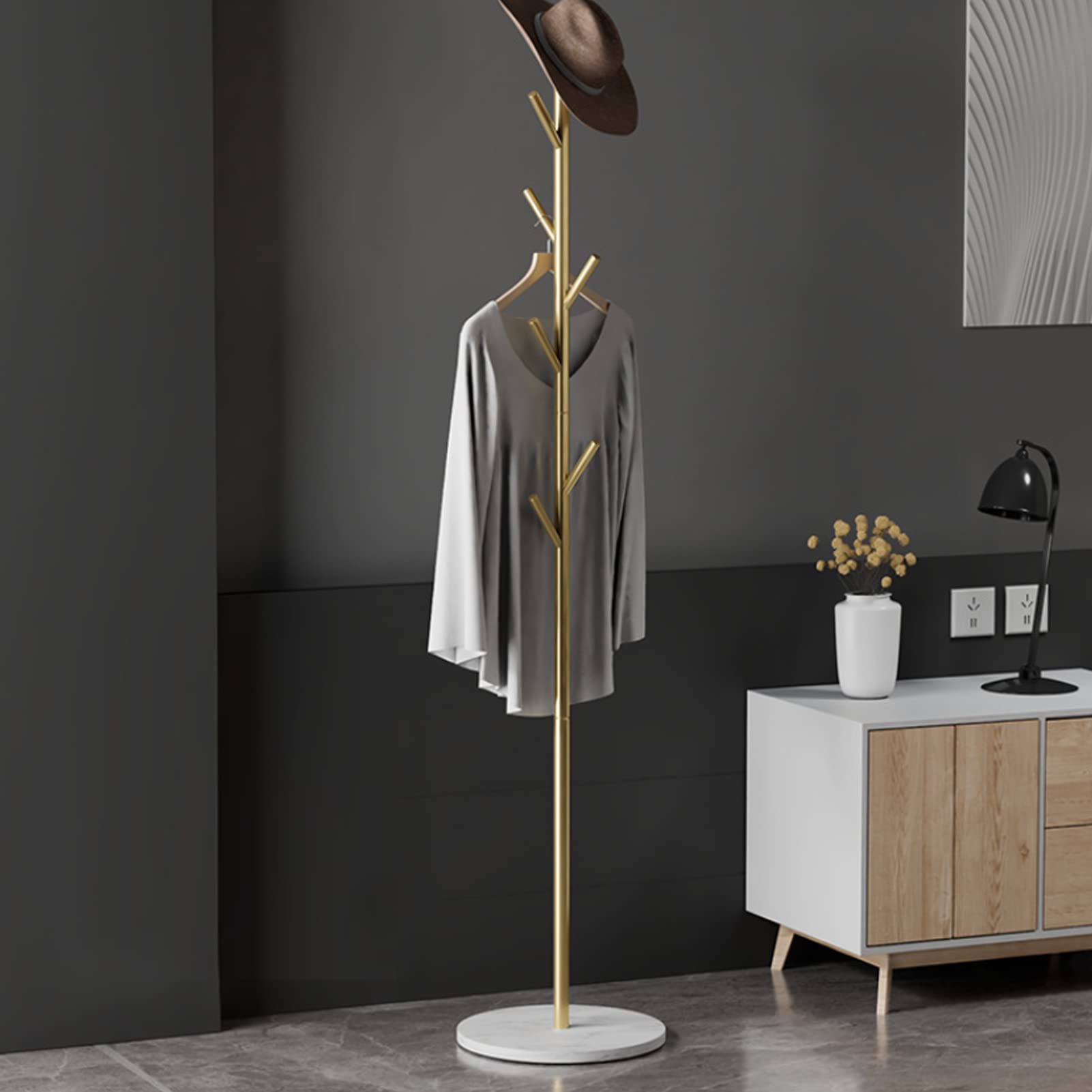 Beauenty Golden Metal Coat Rack, 170CM Freestanding Cloth Rack, Stable Marble Base Clothes Stand with 7 Hooks for Clothes Hat Scarf (Golden)