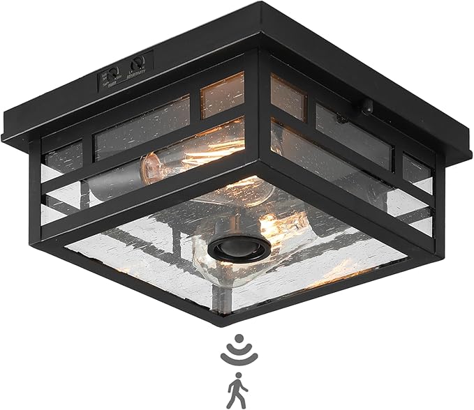 Outdoor Flush Mount Motion Sensor Ceiling Light - Timeless Industrial Design with Seeded Clear Glass for Your Porch, Driveway, Covered Patio, Farmhouse, and Entryway