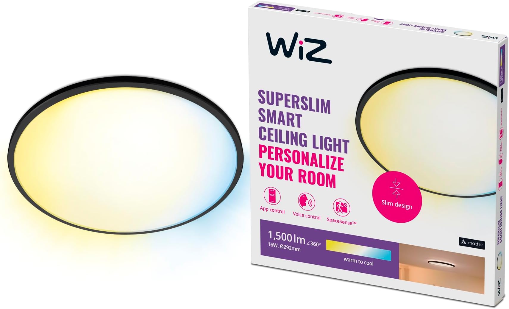 Superslim Tunable White Ceiling Light [16W - Black] WiFi Connected LED Lighting for Livingroom, Bedroom, and Home.