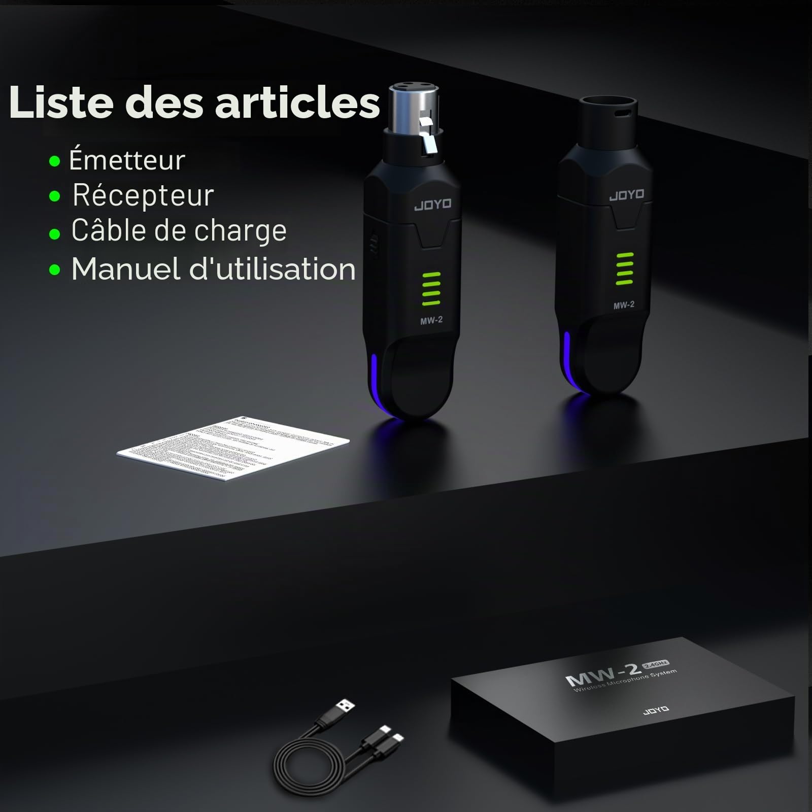 JOYO Système Micro sans Fil 2.4GHz 4 Canaux - Émetteur/Récepteur XLR pour Micro Dynamique/Phantom, Adaptateur pour Sono, Mixer Audio, Église, Studio (MW-2)