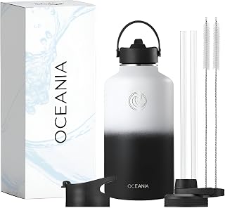 Oceania Flask 64oz Stainless Steel Water Bottles | Modern, Leakproof, Vacuum Insulated with 3 Lids, 3 Straws & 2 Straw Cleaning Brushes | Simple Lightweight Camping & Hiking Hydration Canteens