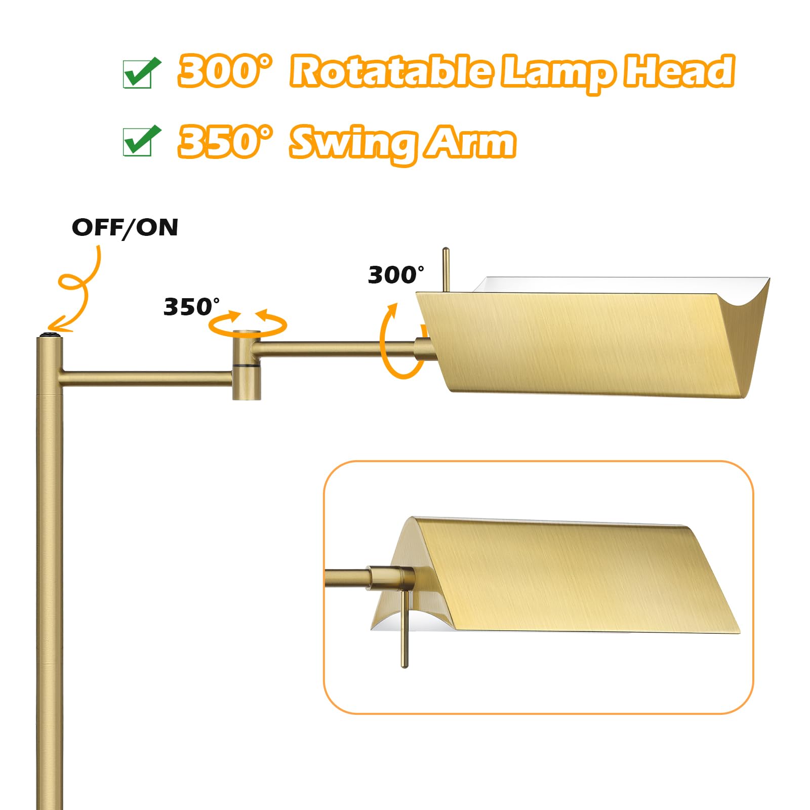 Mlambert Reading Floor Lamp, LED Pharmacy Lamp with Swing Arms, Swivel Head Adjustable Standing Lamp, E26 Base Bulb, Corner Lamp for Living Room, Bedroom, Office, Sewing, Craft, Antique Brass (Gold)