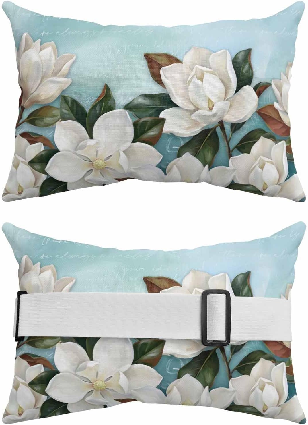 Retro Magnolia Blossom Flowers Outdoor Head Pillows for Recliner Lounge Chair,2 Pack Waterproof Throw Pillow Cushion Cases with Insert&Strap,White Floral Retro Teal Back Neck Pillow for Patio Beach