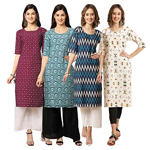 Image of Pinkmint Women's Crepe Digital Print Straight Kurta [Pack of 4]
