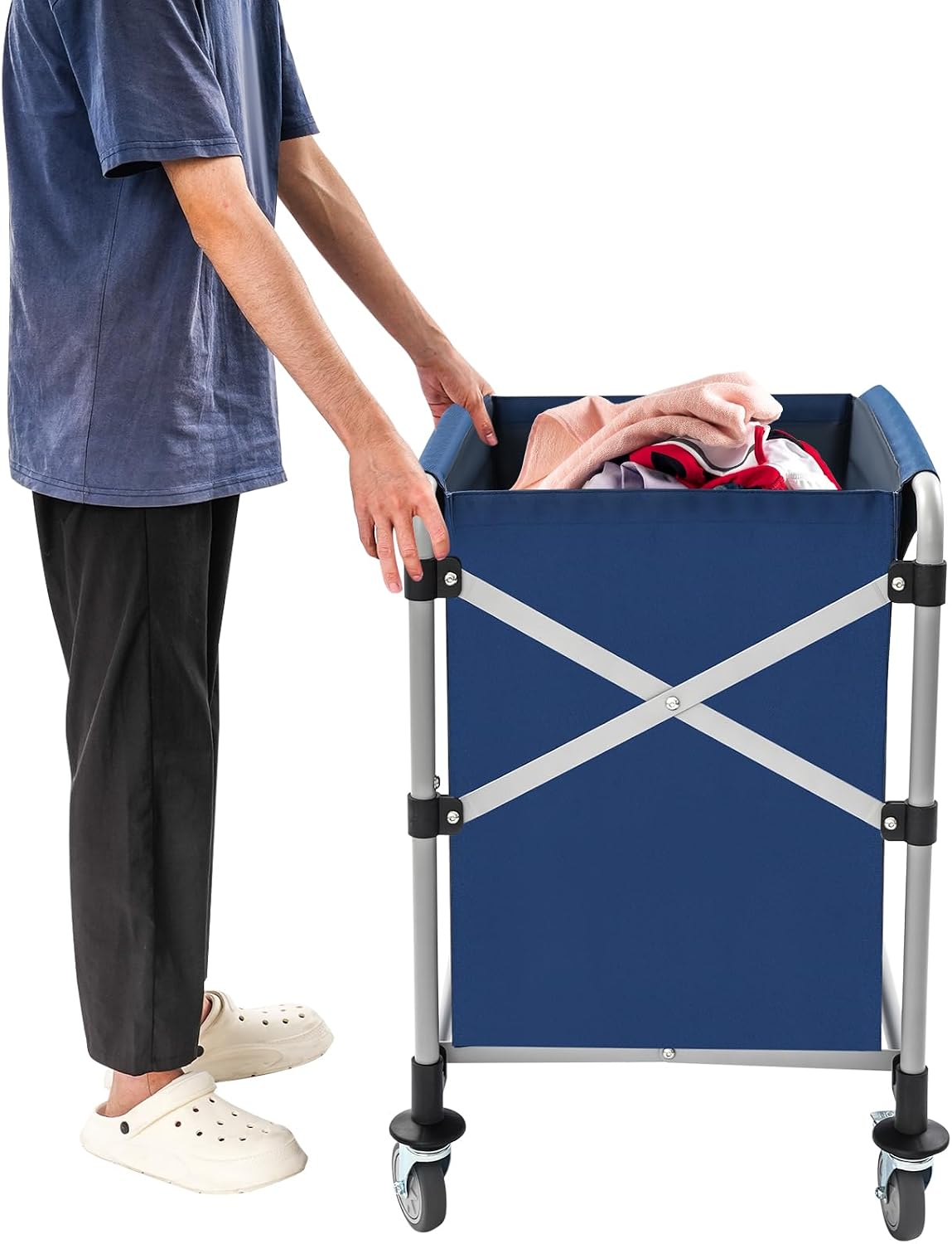 Commercial Laundry Cart Folding - 220lbs Capacity Stainless Steel Rolling Hamper w/Wheels, 24"x20"x24" for Hotel Hospital Home (BLUE)
