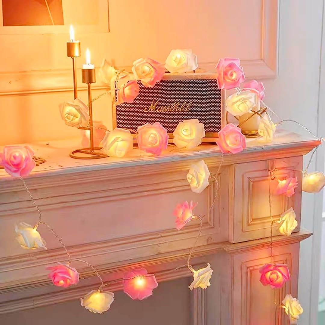 HHMTAKA Flower Fairy String Lights 3M Rose Blossom Lights with 6H Timer 20 LED Battery Rose String Lights Spring Decoration for Indoors,Bedroom,Christmas Décor (Pink + White)