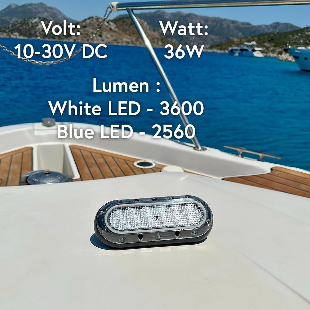 Al Aker Lighting 36W 10-30V DC (Blue, Green, White LED Colour Options), LED Underwater Boat Lights, Surface Mount for Boats, Yachts, Cruise Ships, Sailboat, Pontoon, Transom (White)