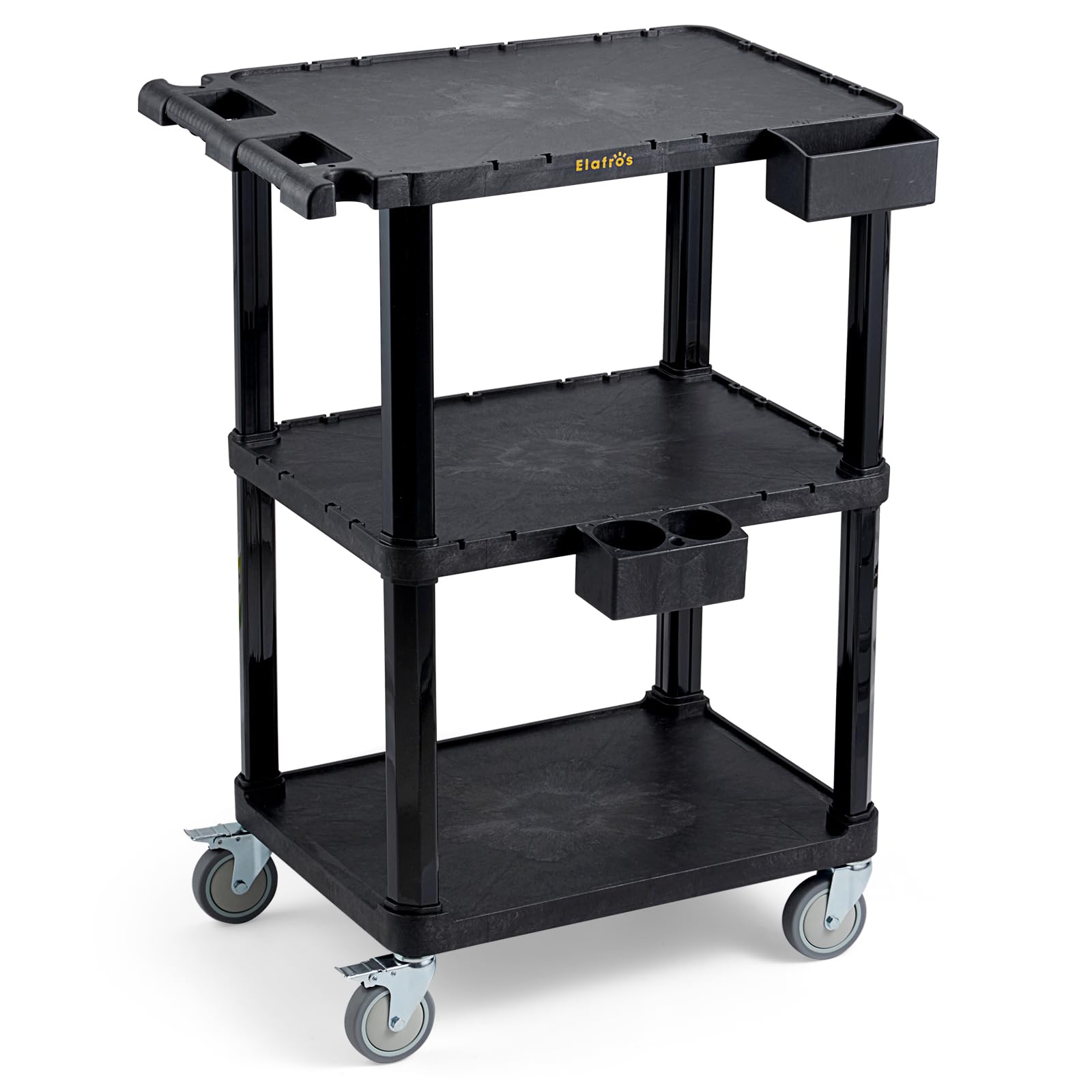 ELAFROS Robuster Mehrzweckwagen, 70 x 47 cm, 3-stöckiger Rollwagen, industrieller Kunststoff, 150 kg Kapazität, flache Regale mit Schwenkrädern – Mehrzweck-Arbeitswagen